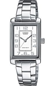 Reloj rectangular para damas Casio con brazalete de acero y esfera blanca | LTP-1234PD-7BEG
