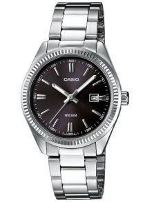 Reloj de acero para damas Casio con esfera negra y pantalla de fecha | LTP-1302PD-1A1VEG