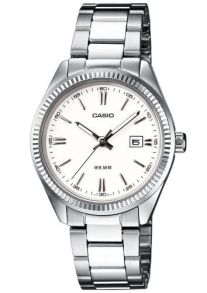 Reloj de acero para damas Casio con esfera blanca y pantalla de fecha | LTP-1302PD-7A1VEG