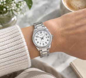 Reloj de acero para damas Casio con esfera blanca y números arábigos | LTP-1302PD-7BVEG
