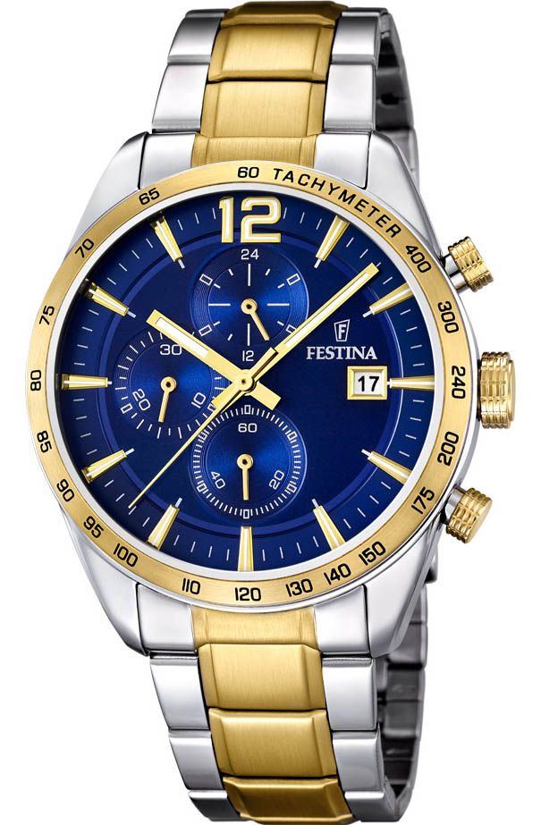 Tienda De Relojes Time Road Festina Steel Gold Navy Chronograph