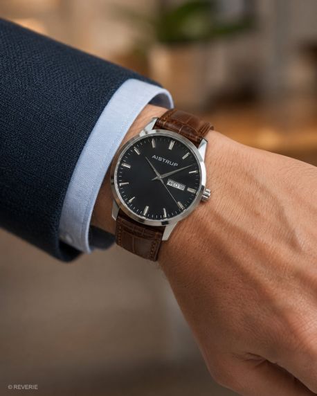 Reloj de pulsera sofisticado con esfera negra, visualización de día y fecha, y correa de cuero marrón con elegante textura de cocodrilo | AIW7803