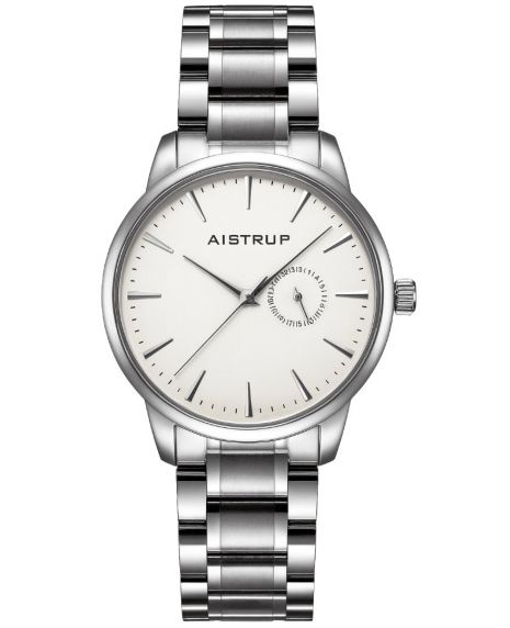 Elegante reloj de hombre con esfera blanca, visualización de fecha y correa de acero inoxidable en diseño minimalista | Aistrup Rounded Elegance AIW8201