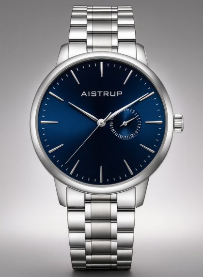 Reloj de hombre sofisticado con esfera azul marino, visualización de fecha y brazalete de acero inoxidable en diseño nórdico | Aistrup Rounded Elegance AIW8202