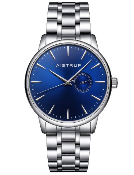 Reloj de hombre sofisticado con esfera azul marino, visualización de fecha y brazalete de acero inoxidable en diseño nórdico | Aistrup Rounded Elegance AIW8202