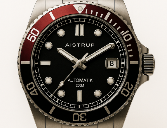 Reloj de buceo automático elegante con esfera negra, bisel rojo y resistencia al agua de 200 metros de calidad profesional | AIW8302