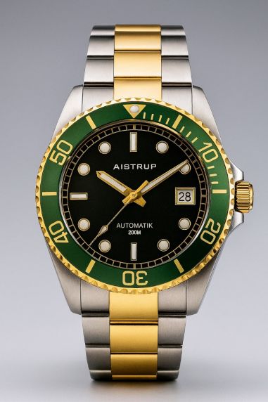 Reloj de buceo automático prestigioso con esfera negra, bisel verde y correa bicolor en elegante diseño de acero y oro | AIW8304