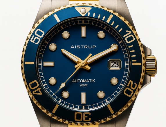 Elegante reloj de buceo automático con esfera azul, bisel azul a juego y brazalete bicolor de acero y oro para el hombre exigente | AIW8305