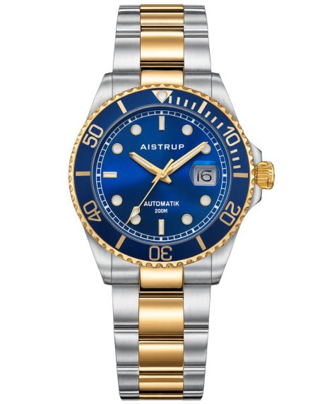 Elegante reloj de buceo automático con esfera azul, bisel azul a juego y brazalete bicolor de acero y oro para el hombre exigente | AIW8305