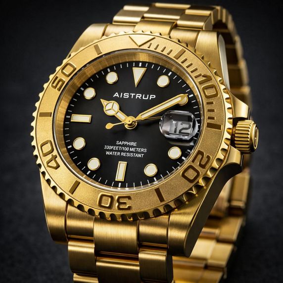 Aistrup lujoso reloj de pulsera para hombre con esfera negra, bisel giratorio en tono dorado y brazalete de acero en tono dorado | AIW8803