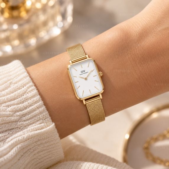 Golden Daniel Wellington Ladies Watch with White Dial and Mesh Bracelet 20mm