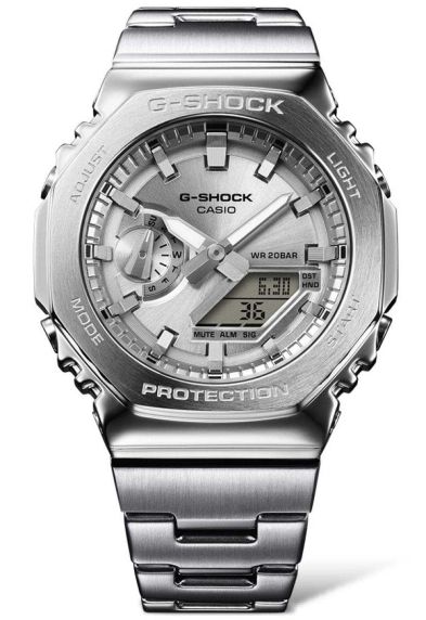 Reloj G-Shock metálico plateado de acero premium con perfil delgado 200M | GM-2110D-7AER